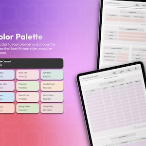 May include: A digital colour palette chart featuring Midnight Charcoal, Cloud Blue, Blush Pink, Soft Mint, Lavender Mist, Pistachio, Vanilla Peach, Baby Blue, Peach Cram, Warm Gray, Soft Coral, Spring Green, and Dusty Rose, alongside two tablet screens displaying financial and project tracking templates.
