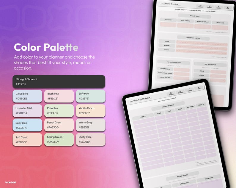 May include: A digital colour palette chart featuring Midnight Charcoal, Cloud Blue, Blush Pink, Soft Mint, Lavender Mist, Pistachio, Vanilla Peach, Baby Blue, Peach Cram, Warm Gray, Soft Coral, Spring Green, and Dusty Rose, alongside two tablet screens displaying financial and project tracking templates.