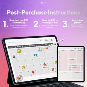 May include: A digital planner displayed on a tablet and a smaller mobile device screen. The text reads Post-Purchase Instructions with steps 1, 2, and 3. The calendar interface shows January with various icons like a sun, dumbbell, and cake.