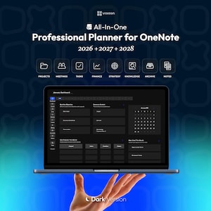 Puede incluir: Un portátil que muestra una interfaz de planificador de tema oscuro, sostenido por una mano. La pantalla muestra un calendario y varias secciones de planificación. El texto en la pantalla y arriba dice "All-In-One Professional Planner for OneNote 2026 + 2027 + 2028".