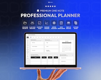 May include: A laptop displaying a digital professional planner interface with a January dashboard, monthly objectives, and revenue control sections. Above the screen, text reads Premium One Note Professional Planner with icons for organising projects, meetings, tasks, finance, strategy, knowledge, archives, and notes.