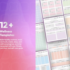 May include: A digital collection of 12+ wellness templates featuring various tracking layouts for workouts, meals, and sleep. The left side displays the text 12+ Wellness Templates, while the right side shows multiple pastel-coloured planner pages.