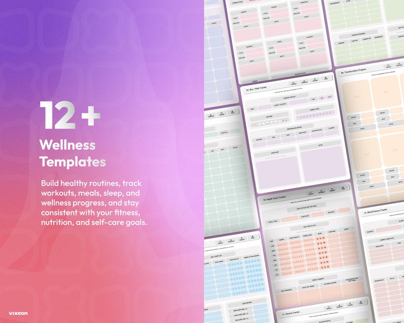 May include: A digital collection of 12+ wellness templates featuring various tracking layouts for workouts, meals, and sleep. The left side displays the text 12+ Wellness Templates, while the right side shows multiple pastel-coloured planner pages.