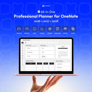 May include: A laptop displaying a planner interface, held by a hand against a blue background. The screen shows a dashboard with calendar and task management sections. Text at the top reads "All-In-One Professional Planner for OneNote 2026 + 2027 + 2028".
