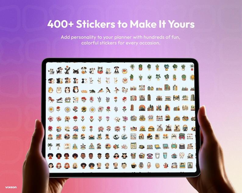 May include: A tablet screen displaying a collection of over 400 colourful digital stickers featuring animals, plants, flowers, landscapes, and people. The text at the top reads 400+ Stickers to Make It Yours and Add personality to your planner.