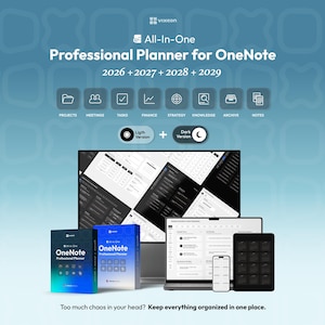 May include: An advertisement for an All-In-One Professional Planner for OneNote. The image shows a laptop, tablet, phone, and two software boxes. The text includes "2026 + 2027 + 2028 + 2029" and "Too much chaos in your head? Keep everything organised in one place."
