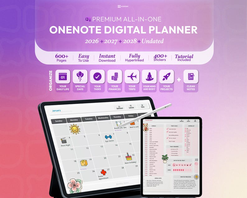 OneNote Planner 2026 2027 2028 Digital Planner Monthly, Weekly & Daily Planning System Fully Editable All-in-One Organization Planner image 1