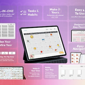 May include: A digital planner displayed on a tablet screen, featuring a monthly calendar interface with colourful icons, task lists, and navigation menus. The layout includes sections for notes, habits, and yearly planning, all presented against a purple gradient background with instructional text.