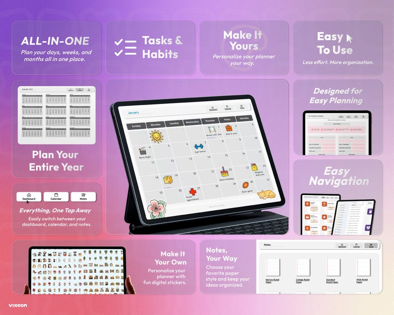 May include: A digital planner displayed on a tablet screen, featuring a monthly calendar interface with colourful icons, task lists, and navigation menus. The layout includes sections for notes, habits, and yearly planning, all presented against a purple gradient background with instructional text.