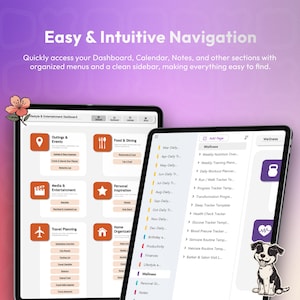 May include: Two digital tablets displaying a lifestyle and entertainment dashboard with orange icons for events, dining, and travel, alongside a wellness sidebar featuring nutrition, workout, and health trackers with a small puppy illustration.