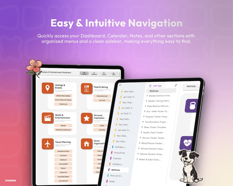 May include: Two digital tablets displaying a lifestyle and entertainment dashboard with orange icons for events, dining, and travel, alongside a wellness sidebar featuring nutrition, workout, and health trackers with a small puppy illustration.