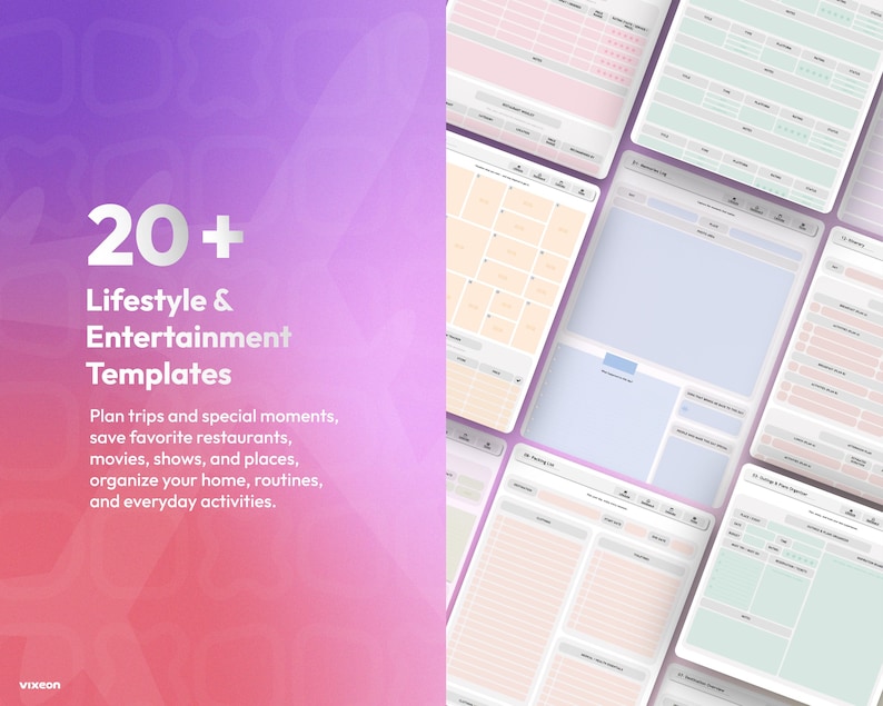 May include: A digital collection of 20+ lifestyle and entertainment templates featuring various planning layouts in pastel colours. The text reads 20+ Lifestyle & Entertainment Templates, Plan trips and special moments, save favourite restaurants, movies, shows, and places, organise your home, routines, and everyday activities.