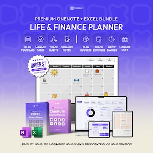 OneNote Planner & Excel Budget Spreadsheet Bundle, Life Planner, Expense Tracker, Habit Tracker, Debt Payoff, Savings Tracker