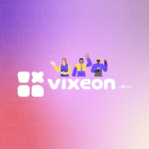 May include: A graphic illustration featuring the white text VIXEON and a small logo with the text tesser, accompanied by three stylised figures waving against a gradient background of purple, pink, and orange with a repeating pattern of shapes.