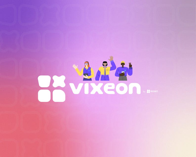 May include: A graphic illustration featuring the white text VIXEON and a small logo with the text tesser, accompanied by three stylised figures waving against a gradient background of purple, pink, and orange with a repeating pattern of shapes.