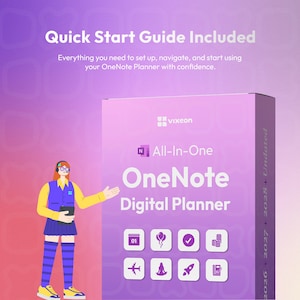 May include: A purple box for an All-In-One OneNote Digital Planner by Vixeon. The box features text reading Quick Start Guide Included, and a cartoon character standing next to it. Eight white icons represent calendar, balloon, checkmark, coins, plane, yoga, rocket, and notebook.