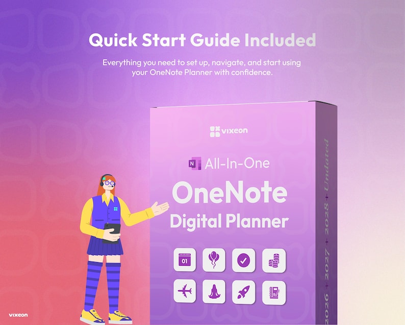 May include: A purple box for an All-In-One OneNote Digital Planner by Vixeon. The box features text reading Quick Start Guide Included, and a cartoon character standing next to it. Eight white icons represent calendar, balloon, checkmark, coins, plane, yoga, rocket, and notebook.