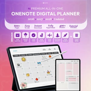 Może przedstawiać: Cyfrowy planer do OneNote wyświetlany na dwóch tabletach, zawierający widok kalendarza miesięcznego z kolorowymi naklejkami oraz stronę z harmonogramem dnia. Interfejs zawiera etykiety tekstowe dotyczące organizacji, projektów i zadań oraz rysik.