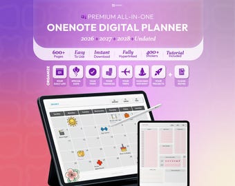 Puede incluir: Un planificador digital para OneNote mostrado en dos tabletas, con una vista de calendario mensual con pegatinas coloridas y una página de agenda diaria. La interfaz incluye etiquetas de texto para organización, proyectos y tareas con un lápiz óptico.