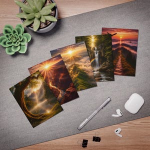Op de afbeelding: Een verzameling van vijf landschapskunstprints met levendige zonsondergangen, bergketens, watervallen en een bospad. De prints tonen warme kleuren zoals oranje, geel en rood, met gedetailleerde afbeeldingen van natuurscènes.