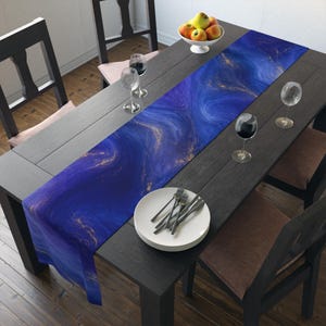 Mystic Moon Table Runner, Celestial Moon Phase Decor, Blue Purple Gold Lunar Dining