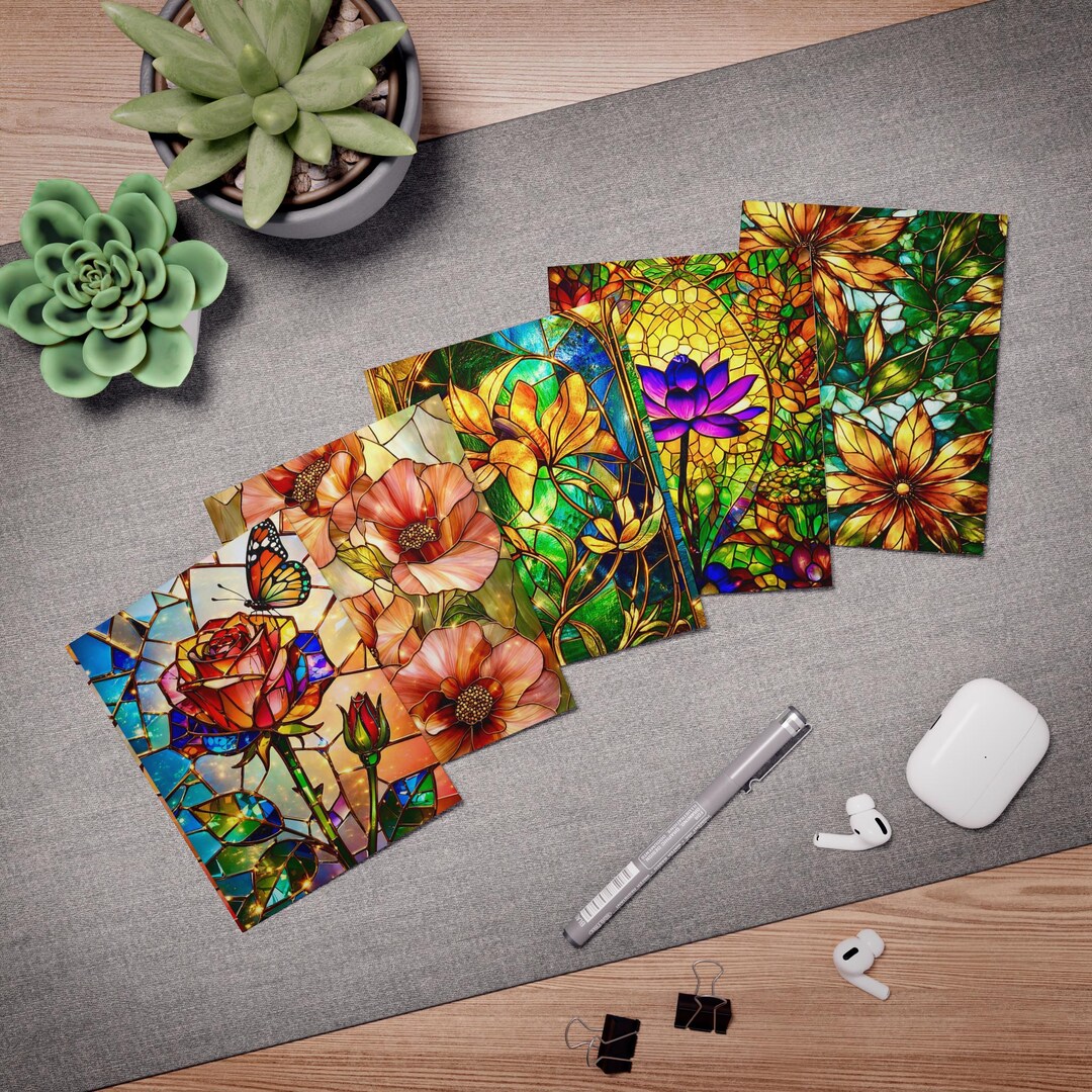 Stained Glass Floral Note Card Set, Botanical Art Stationery - Etsy