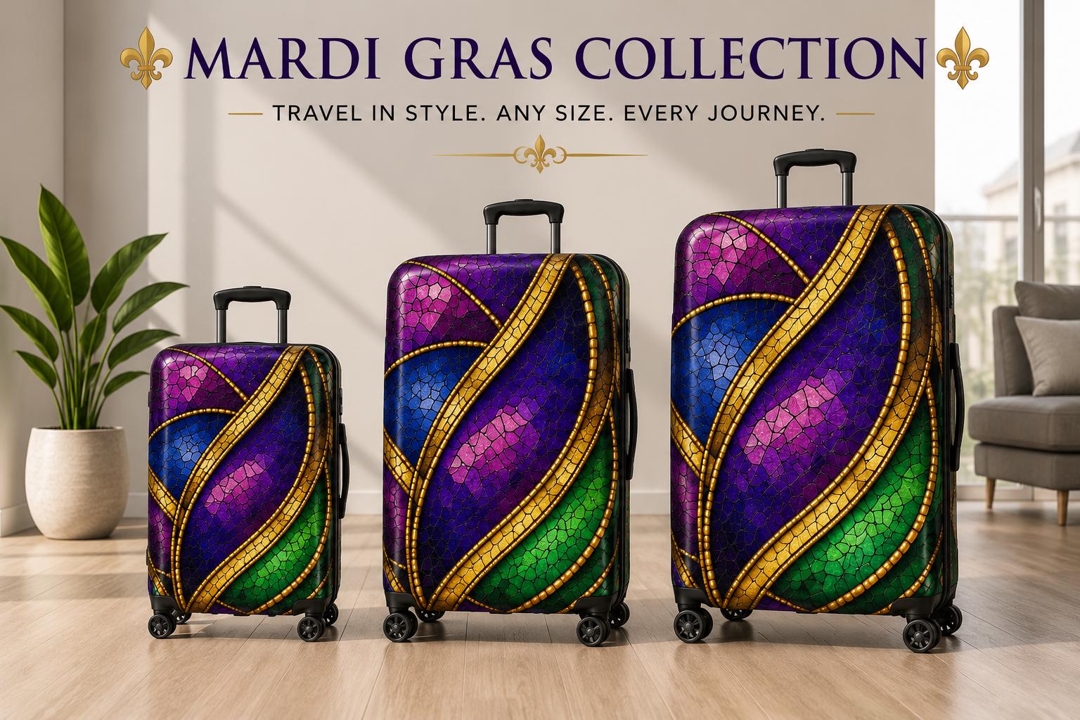 Mardi Gras Stained Glass Suitcase Purple Gold Emerald Mosaic Luggage New Orleans Travel Bag