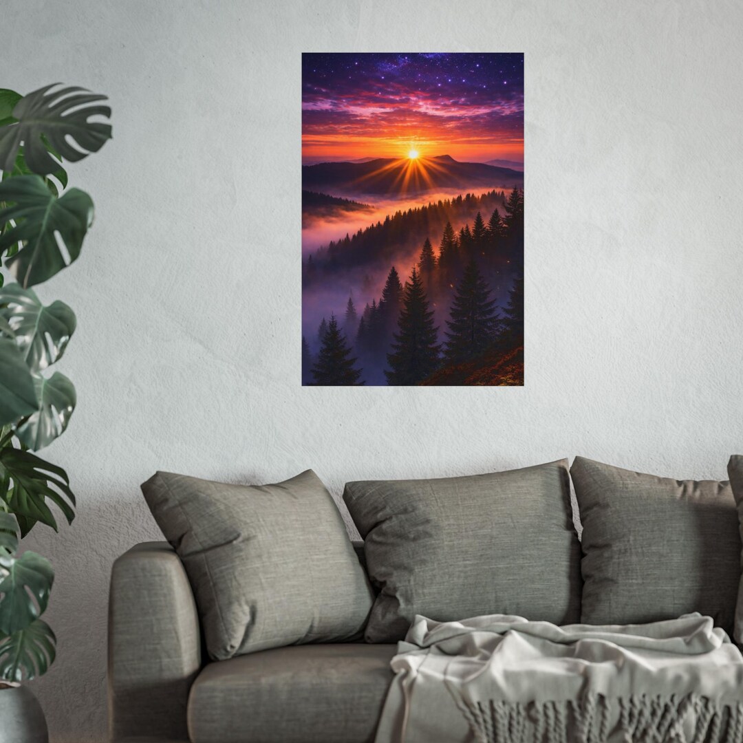 Mountain Sunrise Forest Art Print | Misty Landscape Wall Decor ...