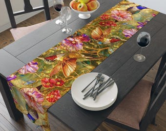 Caminho de mesa com vitral de beija-flor, decoração de mesa com pássaros florais