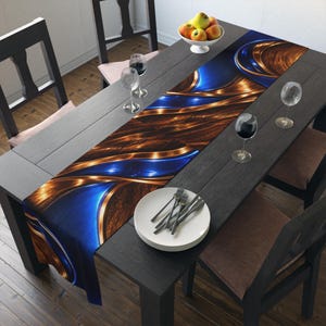 Sapphire Copper Flow Table Runner | Abstract Blue Gold Metallic Decor