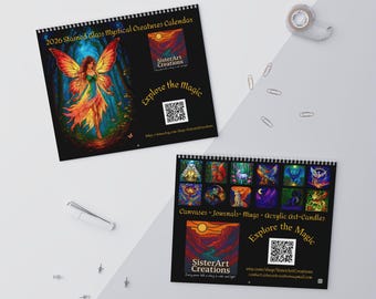 Calendario da parete 2026 con creature mistiche in vetro colorato, arte fantasy