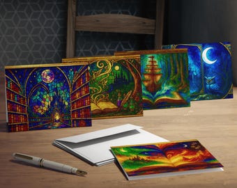 Magical Library Stained Glass Greeting Card Set, Fantasy Book Lover Cards