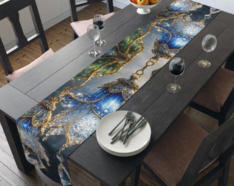 Blue Floral Table Runner, Gold Detailing, Crystal Droplets, Nature Inspired Dining Decor