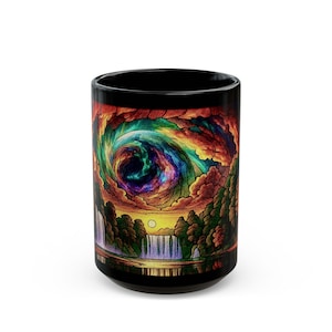 May include: Black ceramic coffee mug featuring a colorful, swirling vortex design. The artwork includes a sunset scene with waterfalls, trees, and a vibrant sky with rainbow hues. The mug has a glossy finish.