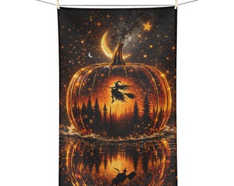 Målat glas pumpa häxa kökshandduk, Halloween köksdekor, höstskog måntryck