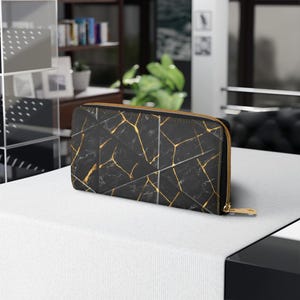 Portefeuille géométrique en marbre doré noir, organisateur de luxe en cuir PU