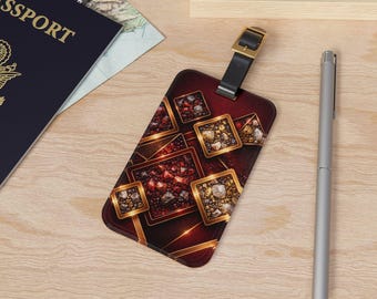 Ruby Gemstone Luggage Tag, Geometric Gold Frame Travel Bag Accessory (2.4” × 4”)