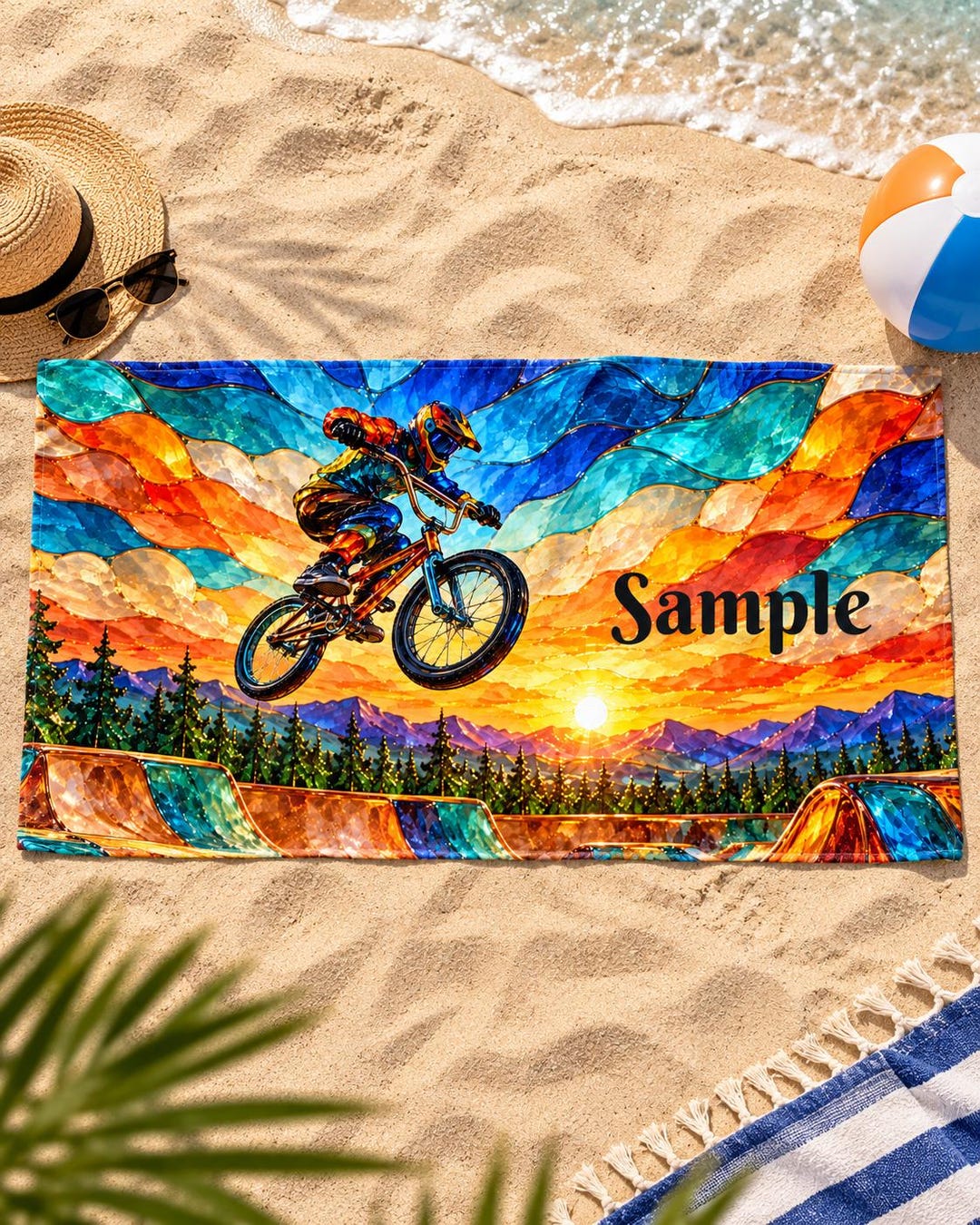 Personalized BMX Sunset Beach Towel, Blown Glass Art, Custom Name Gift ...