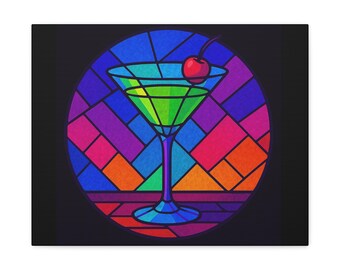 Martini Glass Stained Glass Wall Art | 20x16 Gemstone Cocktail Canvas | Neon Bar Decor