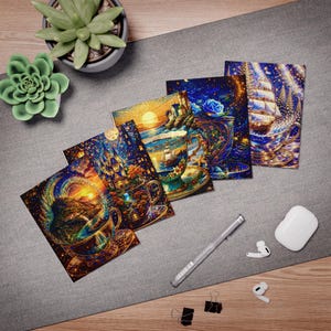 Peut inclure: Plusieurs impressions d'art carrées représentant des scènes fantastiques avec des châteaux, des navires et des tasses à thé. Les impressions présentent des couleurs vives, notamment des bleus, des ors et des oranges, avec des détails complexes. Un stylo, des écouteurs et des trombones sont également visibles.