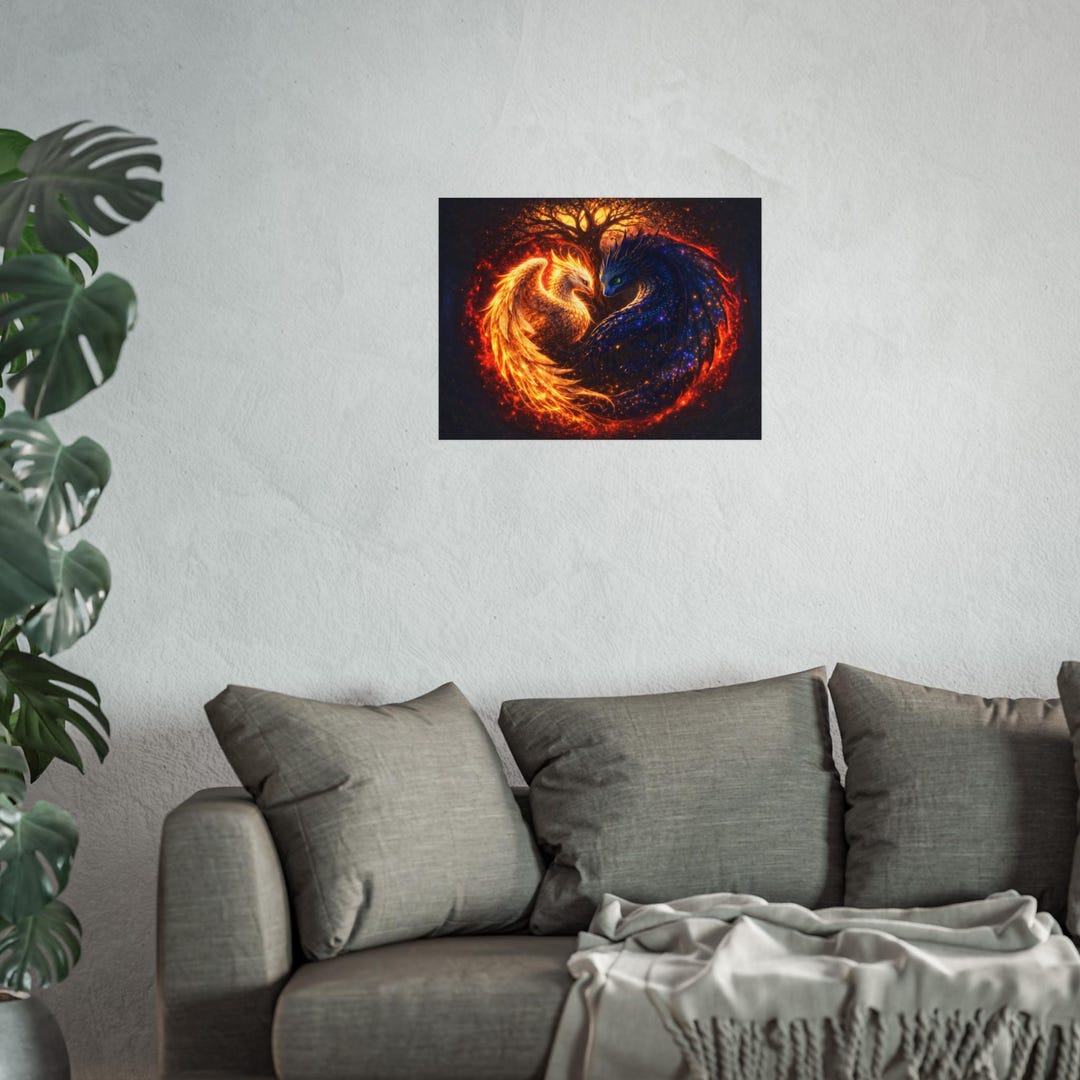 Twin Flame Dragon Art Print | Fire Shadow Yin Yang Fantasy Decor - Etsy