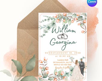 Peach Floral Wedding Invitation | Editable Canva Template | Digital Download