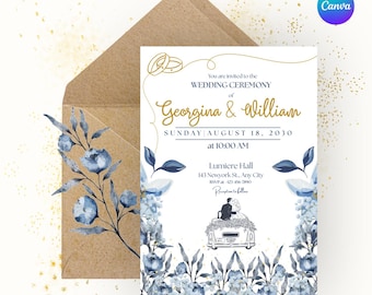 Blue & Gold Wedding Invitation, Elegant Floral Design, Canva Template, Instant Download, Digital Card