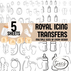 Op de afbeelding: Een verzameling zwart-wit baby-thema ontwerpen, waaronder babyflessen, voetafdrukken, slabbetjes en rompertjes. De tekst luidt "5 SHEETS" en "ROYAL ICING TRANSFERS". De tekst "MULTIPLE SIZES OF EVERY DESIGN" is ook aanwezig.