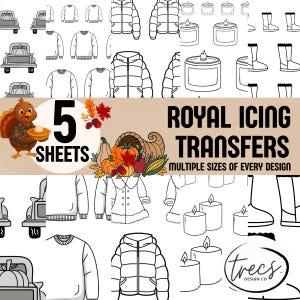 May include: A collection of black and white line art illustrations featuring a truck with a pumpkin, sweaters, jackets, candles, and boots. The image includes a cartoon turkey, the text "5 SHEETS", and "ROYAL ICING TRANSFERS".