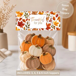 May include: A clear plastic treat bag filled with pumpkin-shaped biscuits in shades of orange, white, and brown. The bag features a rectangular paper topper with a pattern of autumn leaves and the text "Thankful for you" and "Treat Bag Topper".