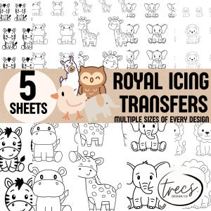 Könnte beinhalten: Fünf Bögen Royal Icing Transfers mit Safari-Tieren in Schwarz-Weiß, darunter Zebras, Flusspferde, Giraffen, Elefanten und Löwen. Mehrere Größen sind für jedes Design verfügbar.