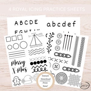 May include: Four white practice sheets for royal icing with various designs, including letters, shapes, and decorative elements. The sheets also include the text "Merry X-Mas" and a gingerbread man.