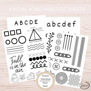 May include: Four white practice sheets for royal icing with various designs and lettering. Includes shapes, lines, and the text "Fall is in the air." A circular graphic says "Instant Download Print Now!"