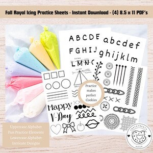 Könnte beinhalten: Übungsblätter für Royal Icing mit Groß- und Kleinbuchstaben, lustigen Elementen und aufwendigen Designs. Die Blätter sind 21,6 x 27,9 cm groß und enthalten Spritzbeutel mit farbigem Zuckerguss. Der Text lautet "Practice makes perfect Cookies."
